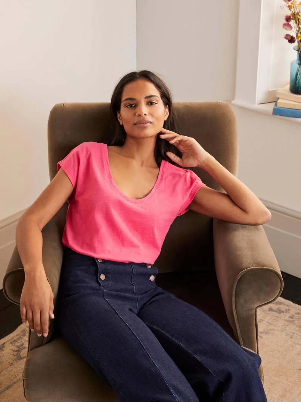 Boden Voop Cotton Slub Jersey V-Scoop Neck Tee in Coral/Lollipop Small -Like New